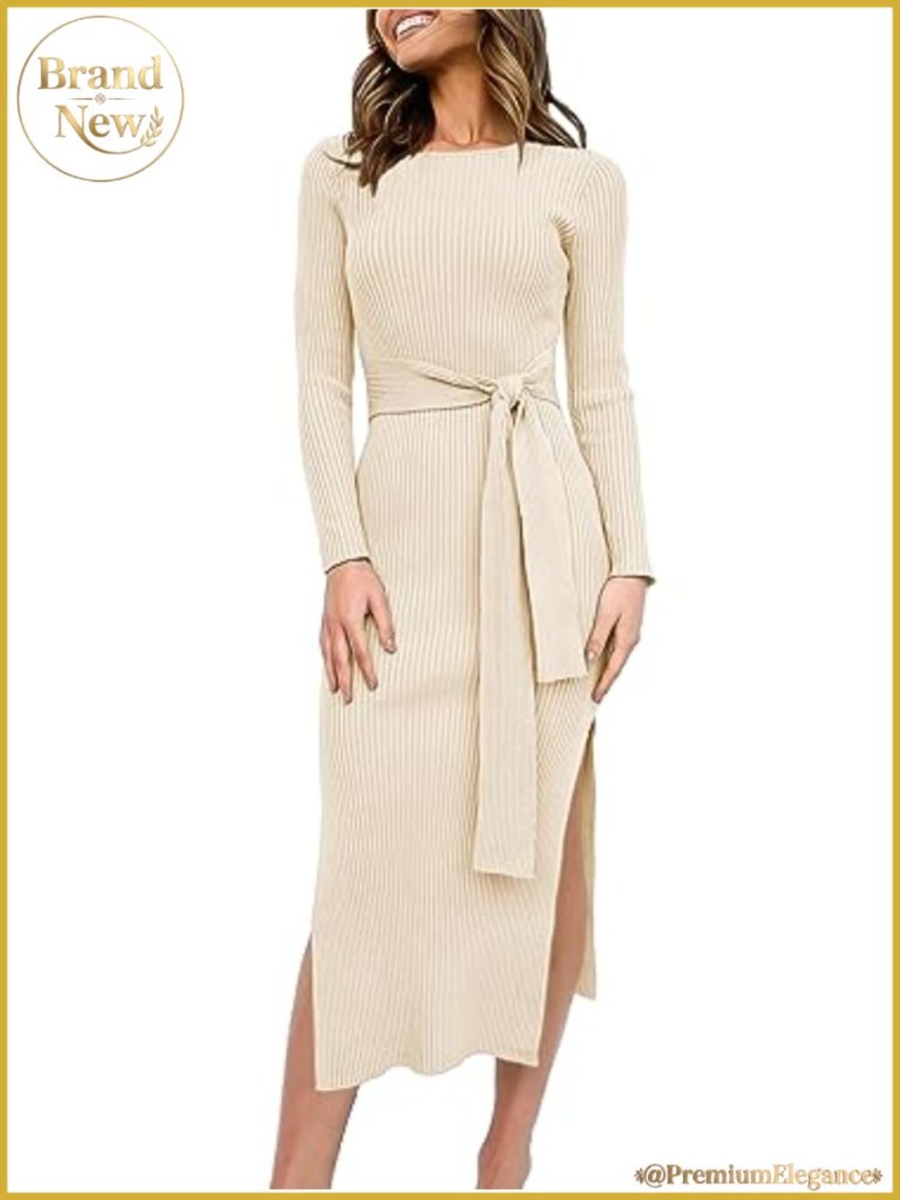 Ribbed Knit Bodycon Midi Sweater Dress Long Sleeve Tie Waist Fall Outfit